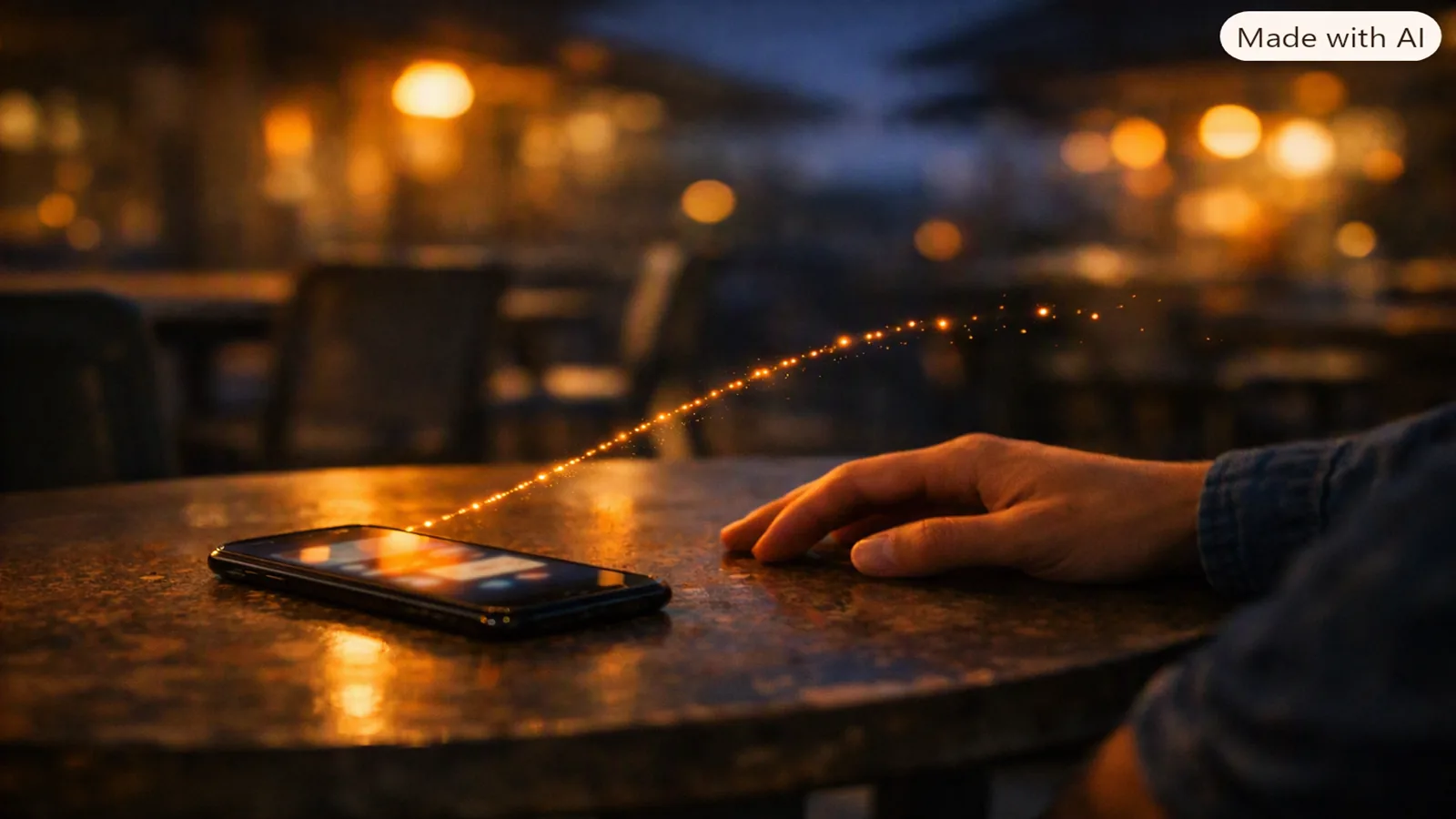 A phone on a table at dusk with a trail of glowing dots arcing away from it toward a resting hand.