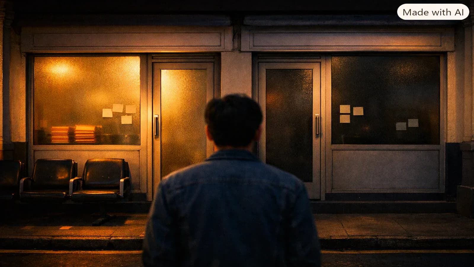 A man seen from behind faces two near-identical shopfronts at night, one lit and one dark.