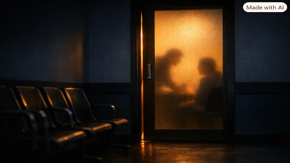 Two silhouettes talk behind an amber frosted-glass door, while empty waiting-room chairs sit in the dark outside.