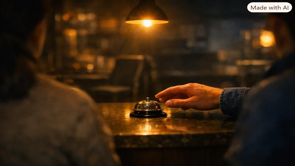 A hand reaches toward a service bell under a single lamp while two blurred customers wait in the foreground.
