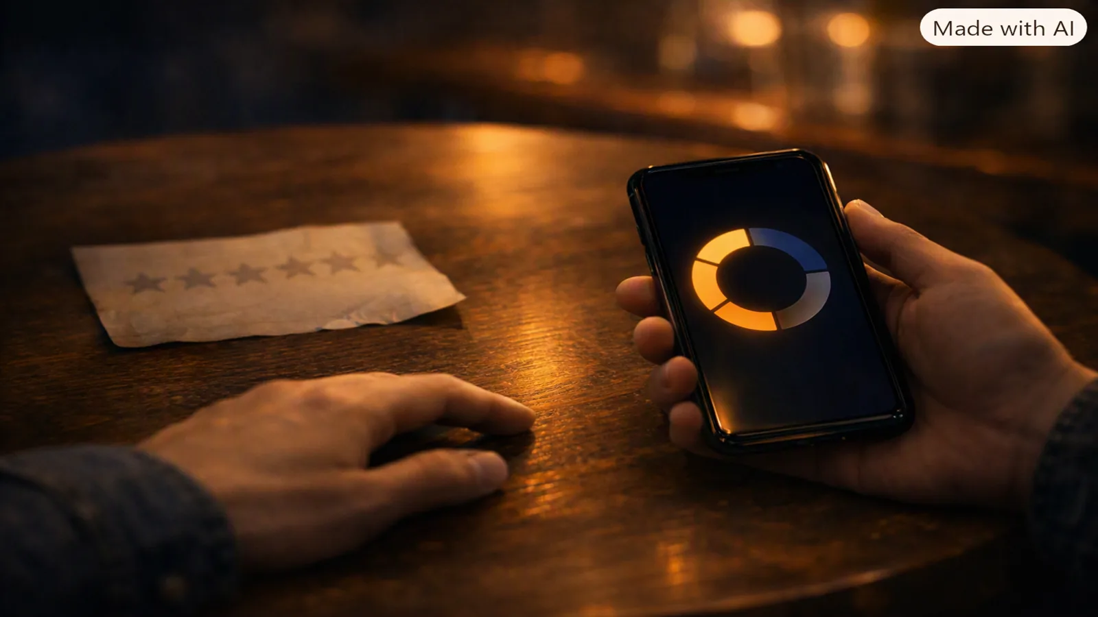 A hand holds a phone showing a four-part score ring, next to a crumpled slip of paper marked with five faded stars on a wooden table.