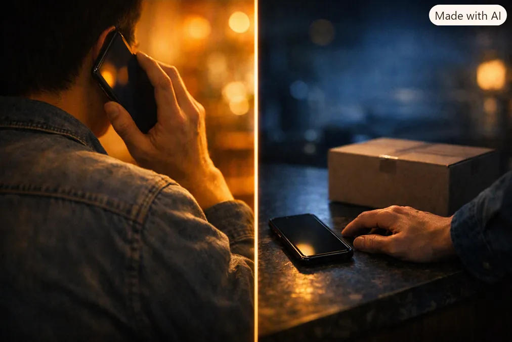 A split image: on the left, a man in a denim jacket talks on the phone; on the right, a phone and an unopened parcel sit on a dark counter.