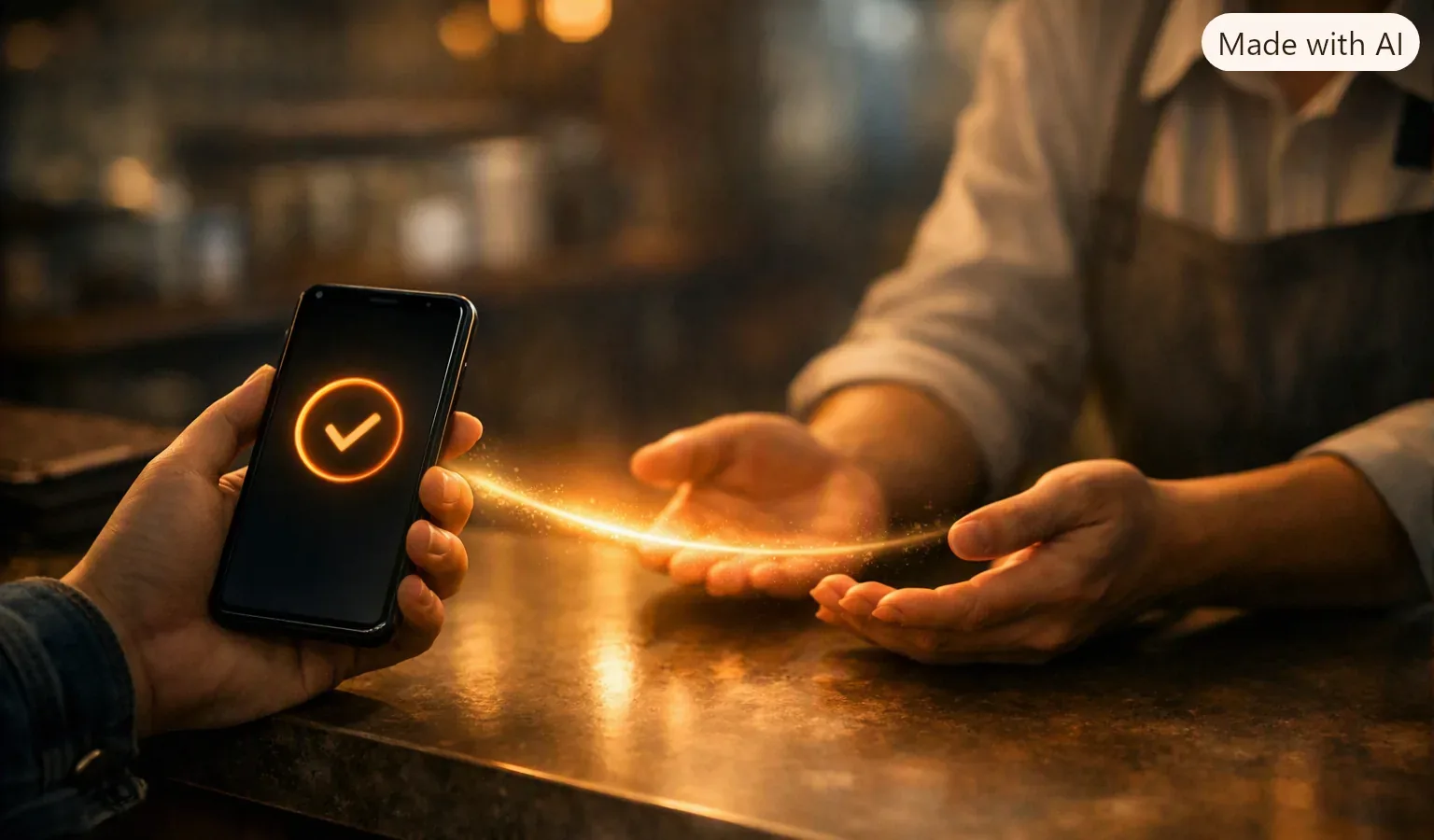 A customer holds a phone showing a glowing check mark while a worker's open hands reach toward it across a warm, dim counter.
