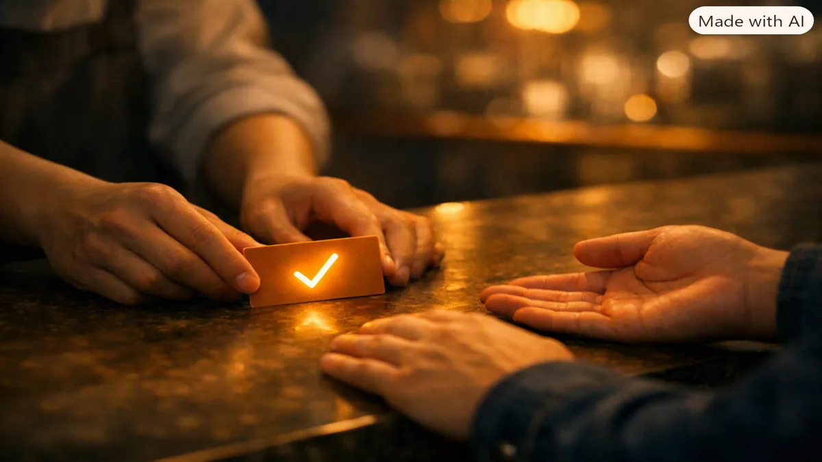 A service worker slides a small card with a glowing check mark across a dark counter toward a customer's open hand.
