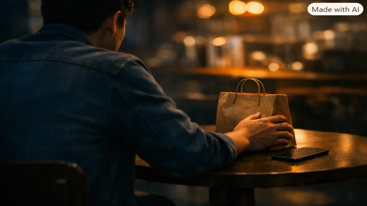 A man in a denim jacket sits with his back to us at a café table, one hand resting on a paper takeaway bag, his phone lying untouched beside it.